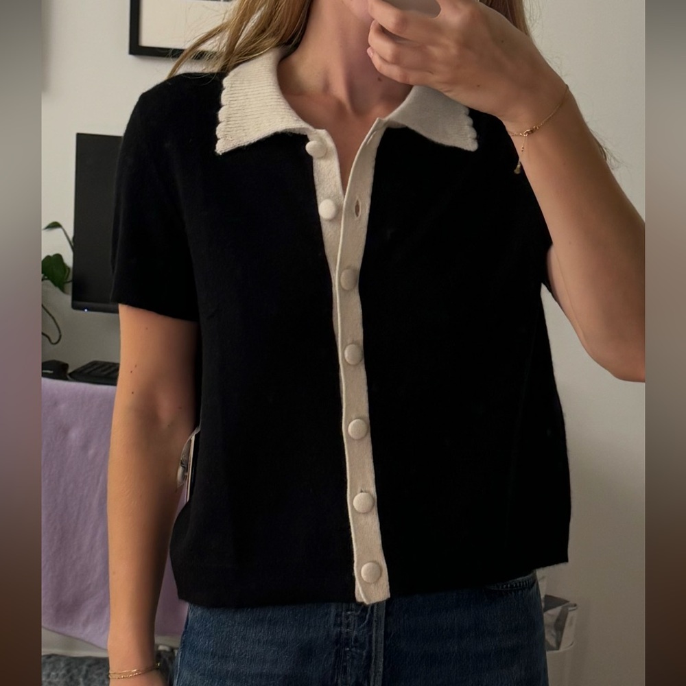 Women's Black and White Button-Up Top Sweater